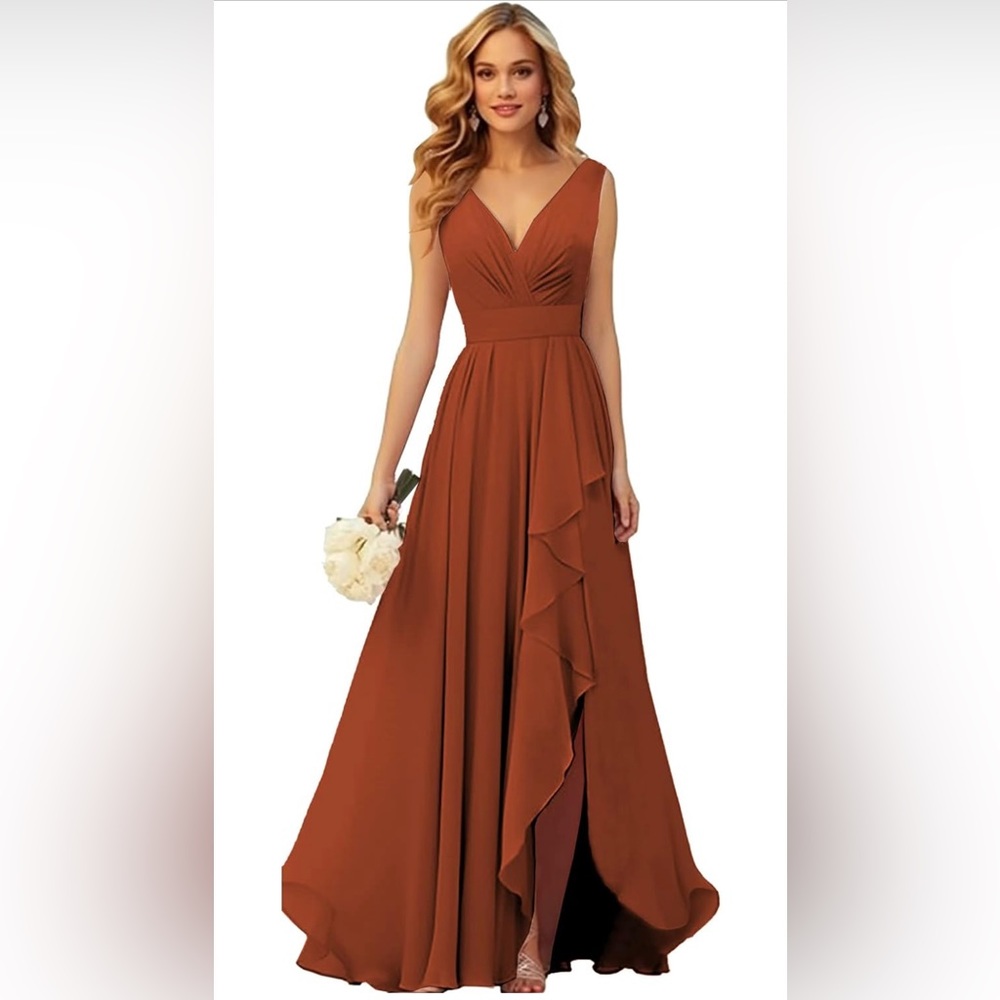 V Neck Bridesmaid Dresses for Wedding with Ruffle Slit Long Empire Waist Chiffon